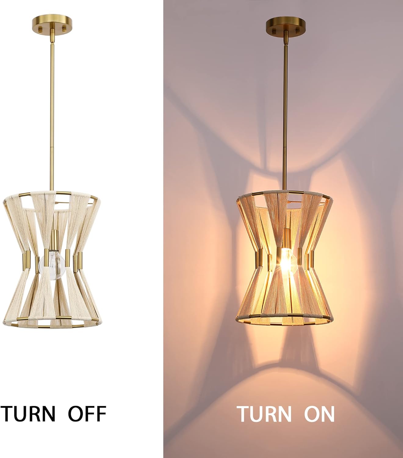 Untrammelife Modern Drum Pendant Light, Luxe Hand-Wrapped Bleached Natural Rope Hanging Pendant Light Fixtures, Coastal Boho Chandelier, Gold Finish, for Foyer Kitchen Dining Room