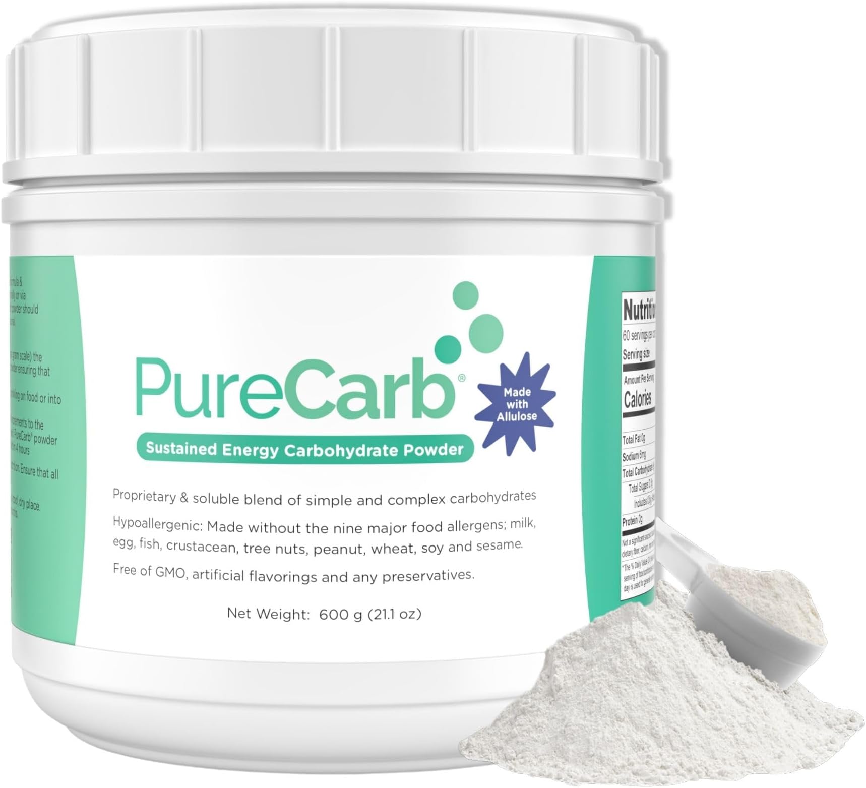 PureCarb Sustained Energy Carbohydrate, Post & Pre Workout Supplement Powder, Allergen-Free Energy Powder with Simple & Complex Carbohydrates, and Low Glycemic Index, 600g