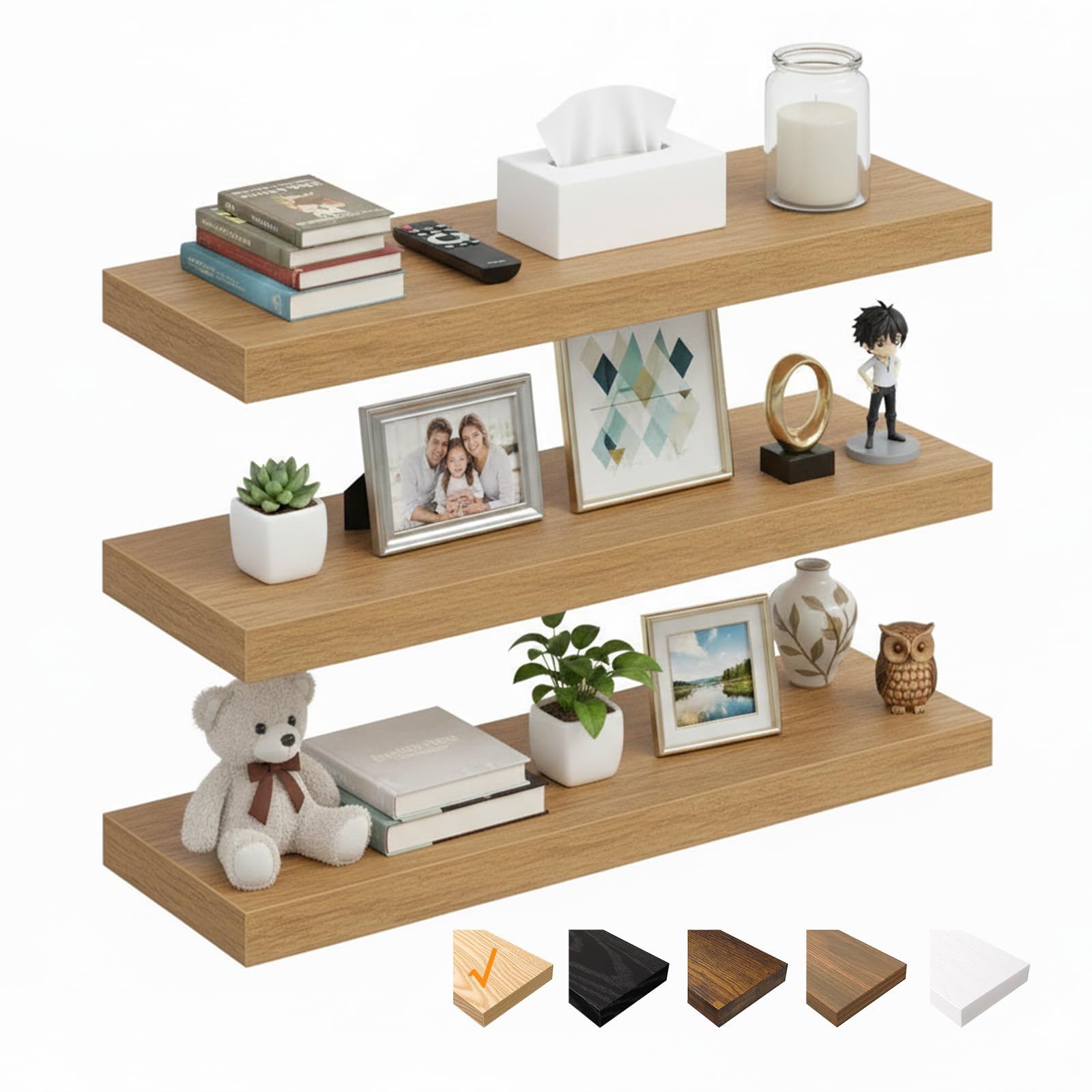 RICHER HOUSE 60cm Floating Shelves for wall, Oak Wall Shelves with Invisible Brackets, Wooden Shelves MDF for Bathroom, Bedroom, Office, Living Room, Kitchen, Set of 3, 60 x 23.5 x 3.8 cm