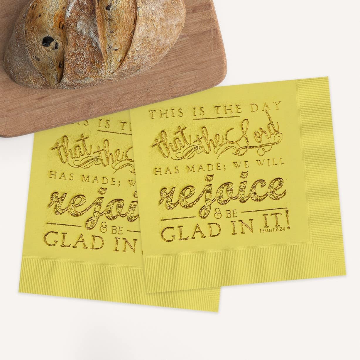 Yellow Scripture Napkins With Gold Inspirational Typography / 5" x 5" Easter Bible Verse Psalm 118:24/48 Religious 3 Ply Napkins/Christian Baptism And Confirmation Dinner Napkins