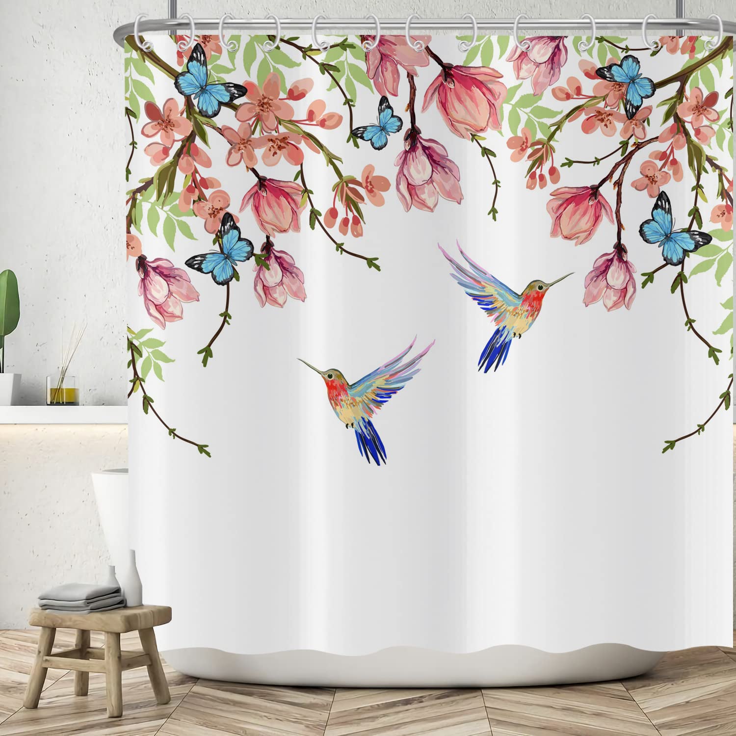 ASDCXZ Flower Shower Curtain 150x180 cm, Spring Rose Flowers Green Leaves Colorful Butterfly Bird White Washable Shower Curtains Polyester Textile Waterproof Bath Curtain for Bathtub with 10 Hooks
