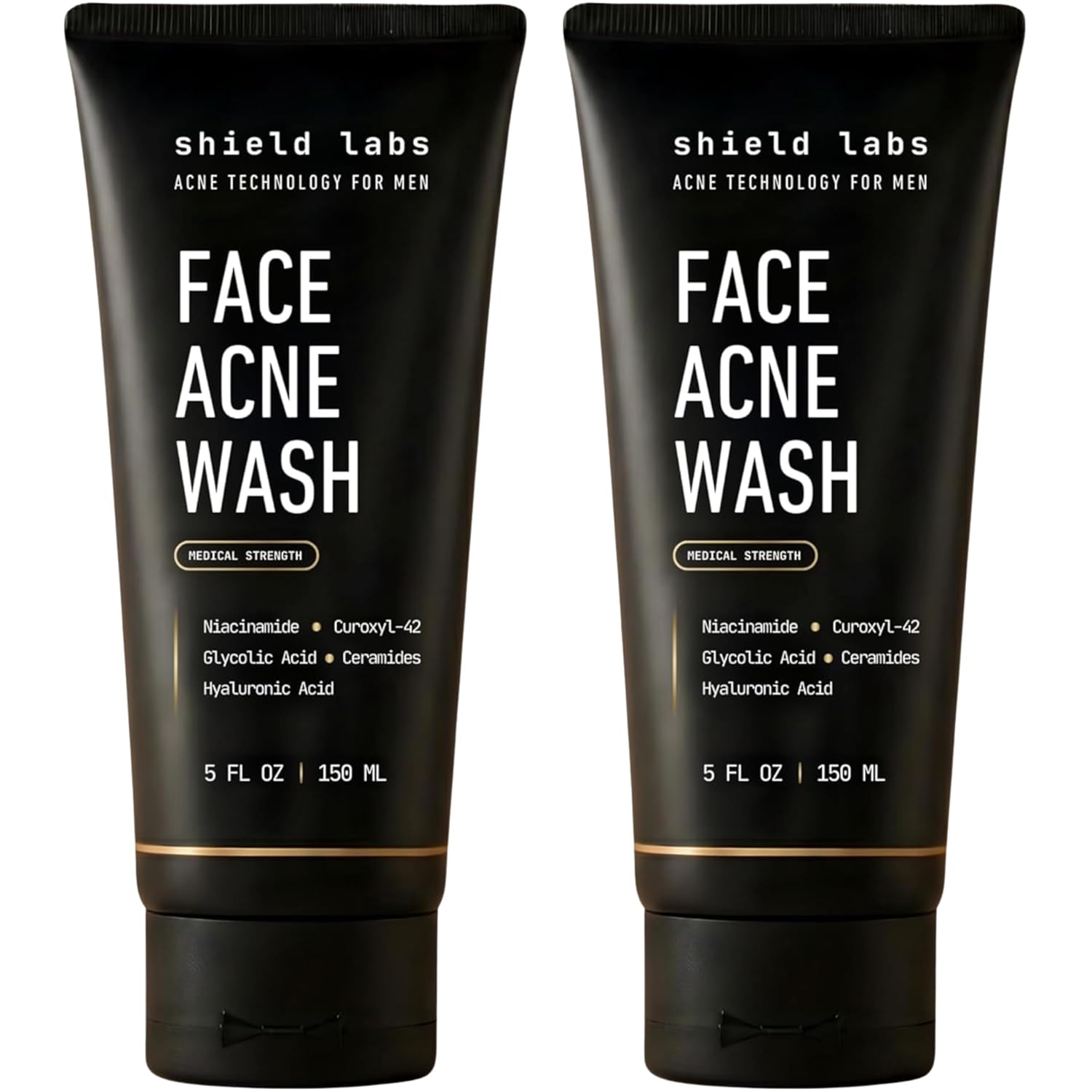 Shield Face Acne Wash for Men and Boys, Curoxyl-42 Face Wash to Clear, Treat, and Prevent Acne, Gentle formula with Niacinamide, Hyaluronic Acid, and Ceramides, Unscented, 5.1 oz, Pack of 2