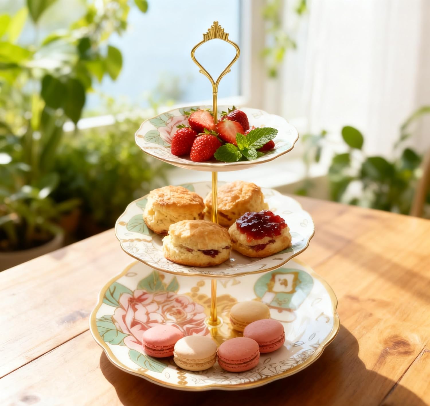 3-Tier 13.5 Inches White Round Porcelain Cake Fruit Stand Plates, Cupcakes Serving Display Set, Ceramic Pastry Dessert Appetizer Candy Buffet Tray Towers Platter for Wedding Home Party - Pink Flowers