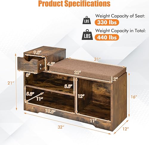 Miniatura 3 de GOFLAME Zapatero con asiento acolchado, organizador de almacenamiento de zapatos de 2 niveles con cajón y estante abierto, cubos de almacenamiento,