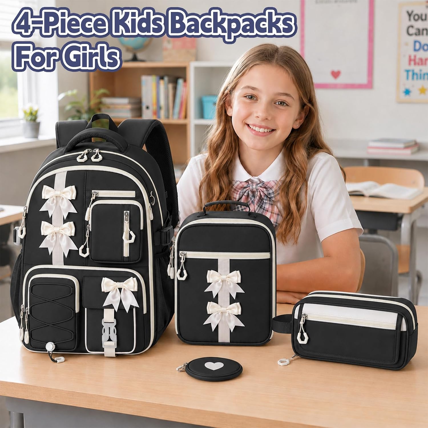 Girls Backpack with Lunch Box Set, 4 PCS Black Cute Kawaii School Bookbag | Elementary Girls Backpack, Aesthetic Large Laptop Backpack for Kids & Teens thumbnail