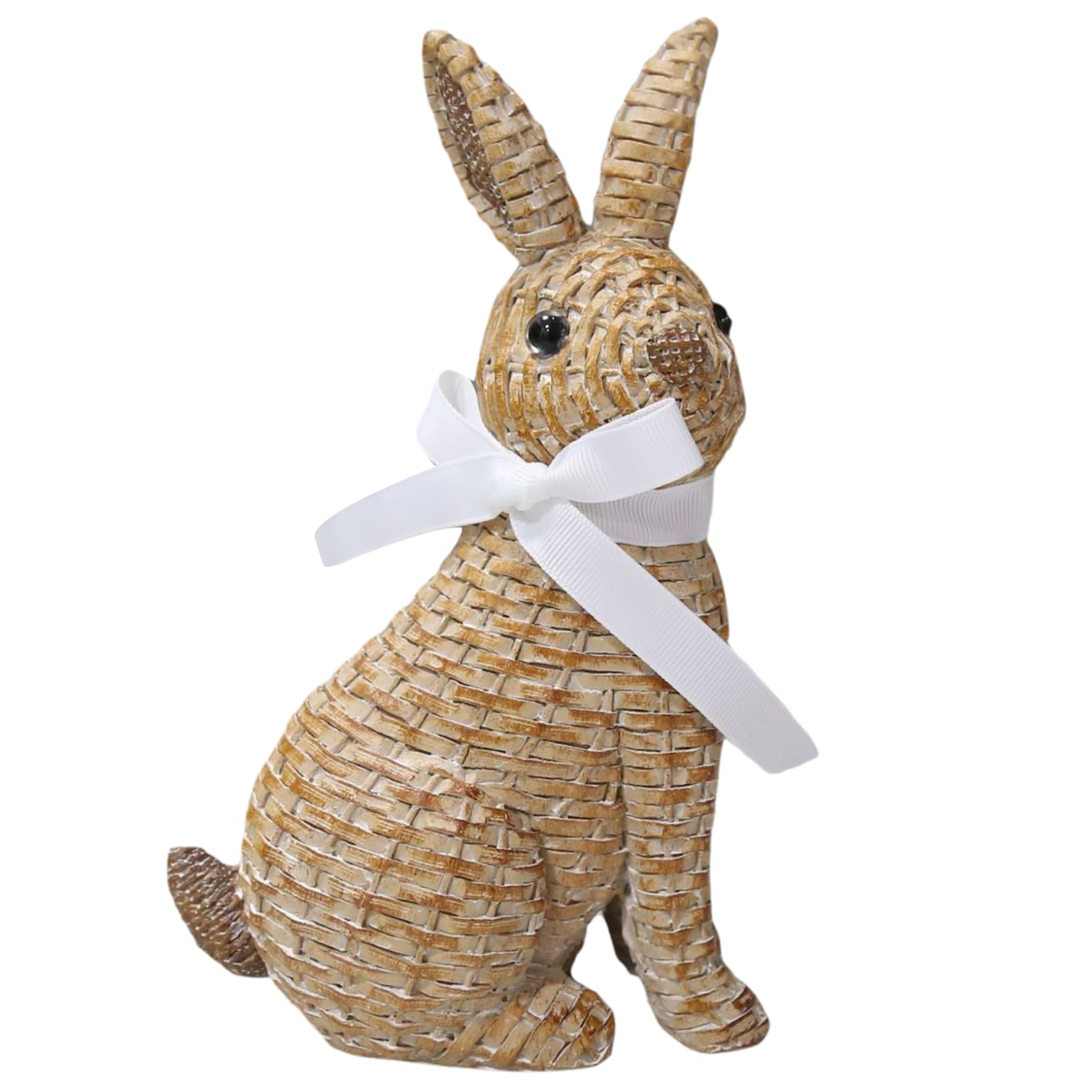 Bemonew Easter Bunny Figurine Cute Realistic Rabbit Figurine Resin Rabbit Decor with Bow Vivid Easter Decorations for Home Garden Yard, Sitting, 4.9x3.2x8.1inch