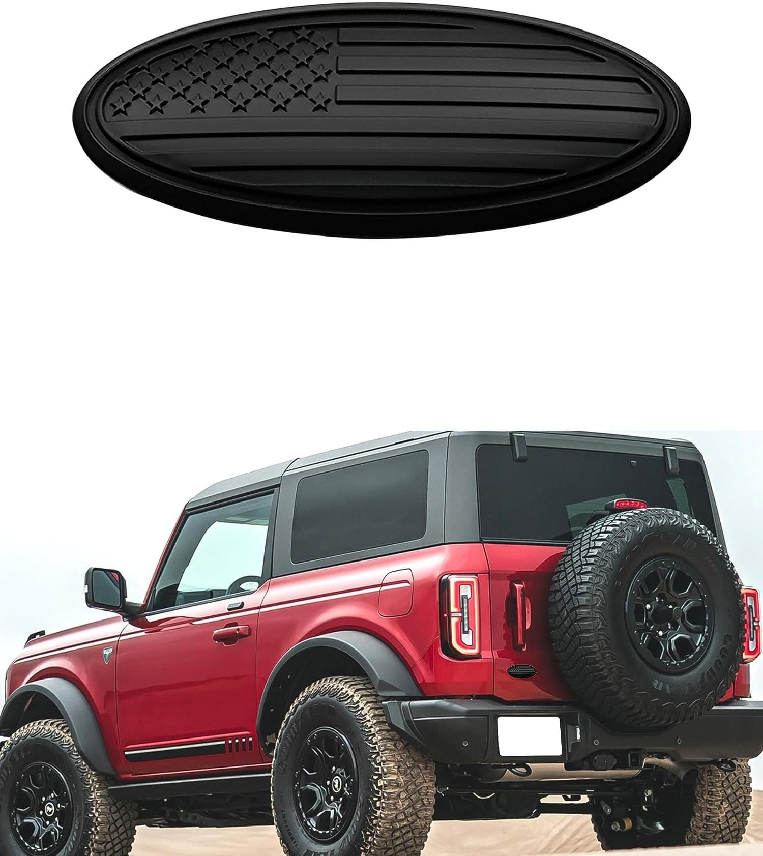 CONGCONG Fit Ford Bronco Emblem, 5 inch Overlay Rear Tailgate Oval American Black Flag Emblem fit Ford Bronco 2021-2023（Matte Black）