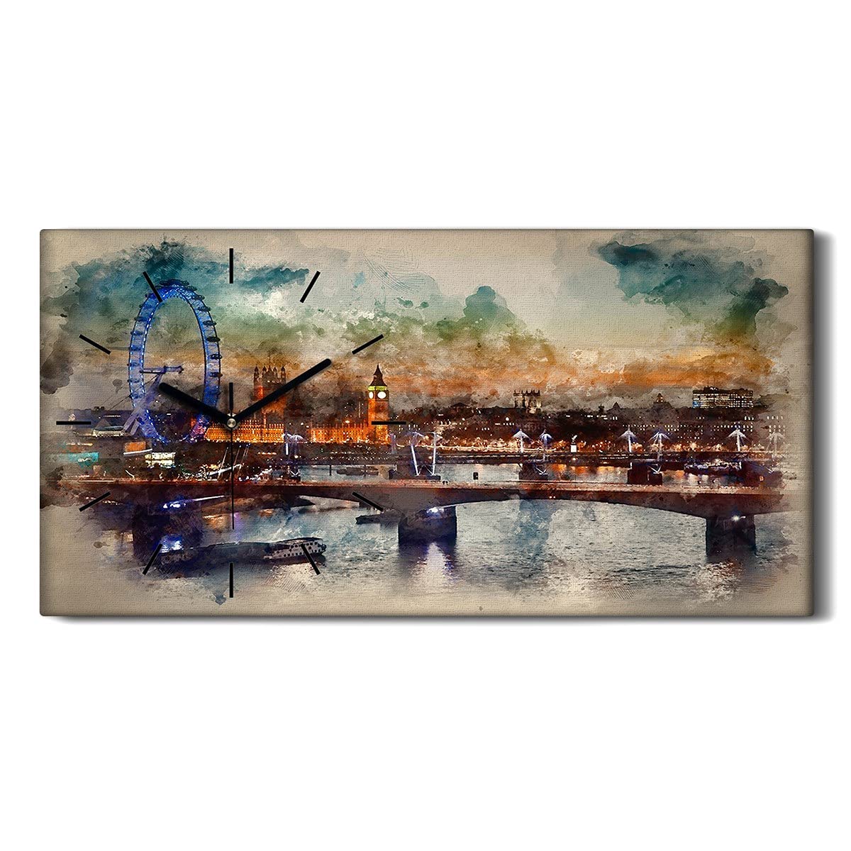 Horloge sur toile 60x30cm motif Londres avec des aiguilles noires silencieuses