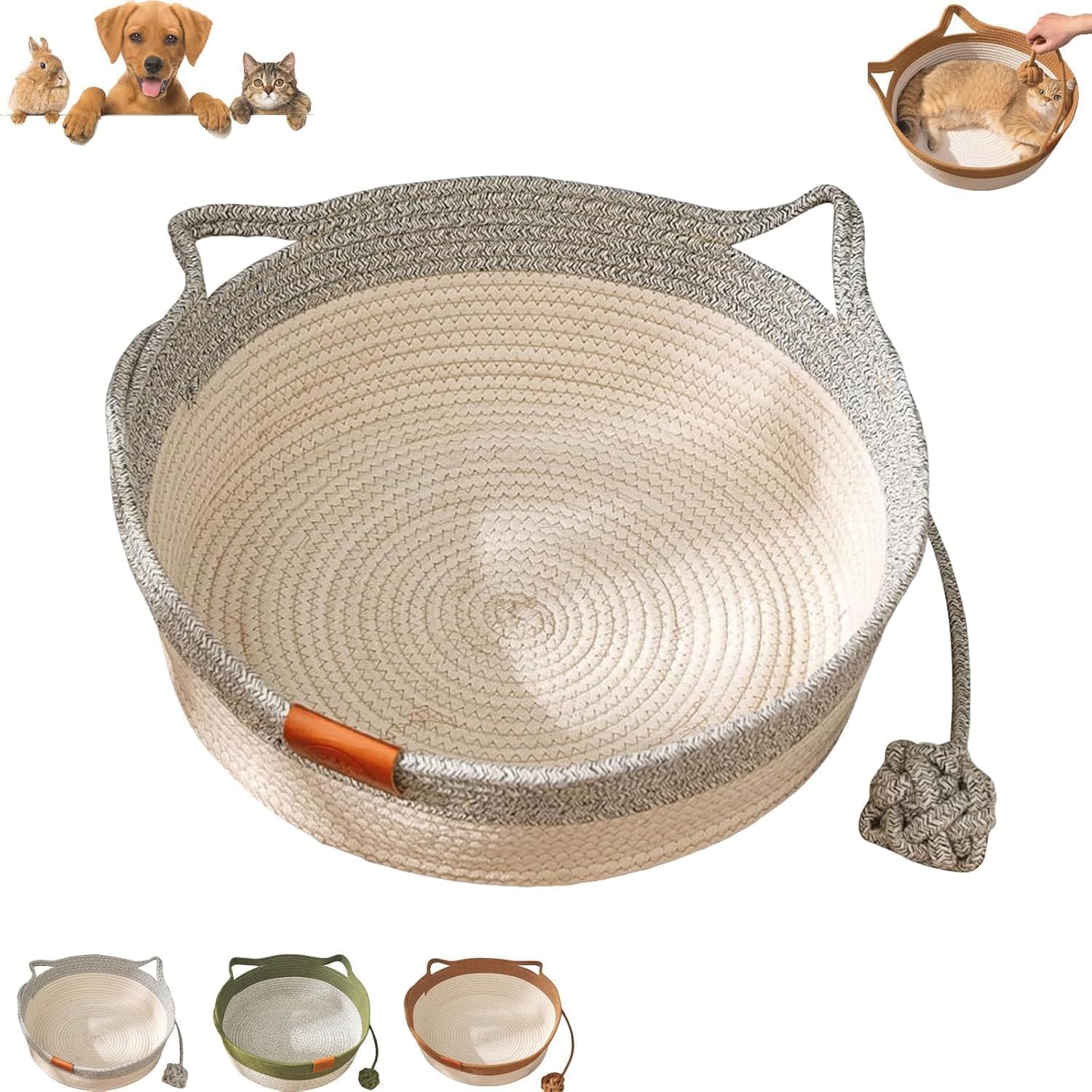 2026 New Instinct Basket, Cat Bed with Toy Tail, Cats Ear Design, Breathable All Season Universal, Handwoven Cotton Rope Enrichment Bed, Cats Bed (Grey)