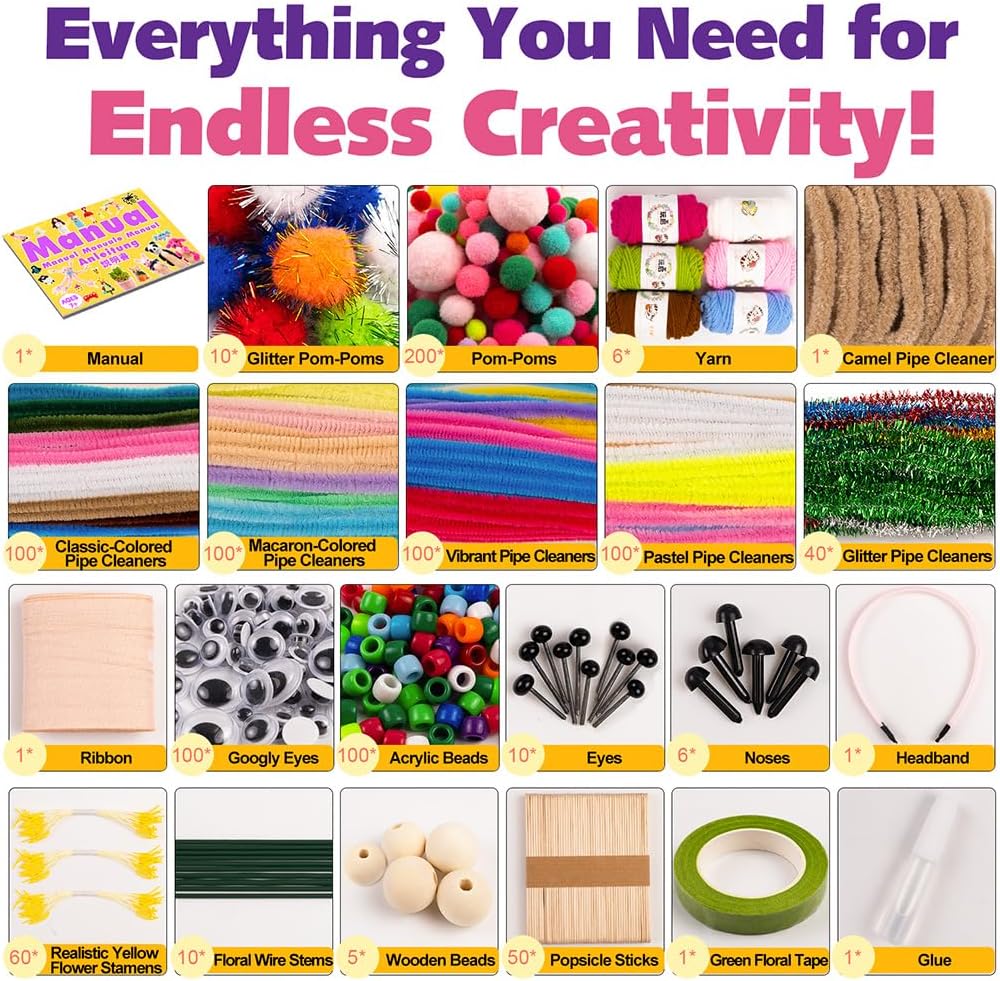 FUNSHOWCASE Craft Box with 1000 Supplies – Pipe Cleaners, Yarn, Pom Poms, Tools