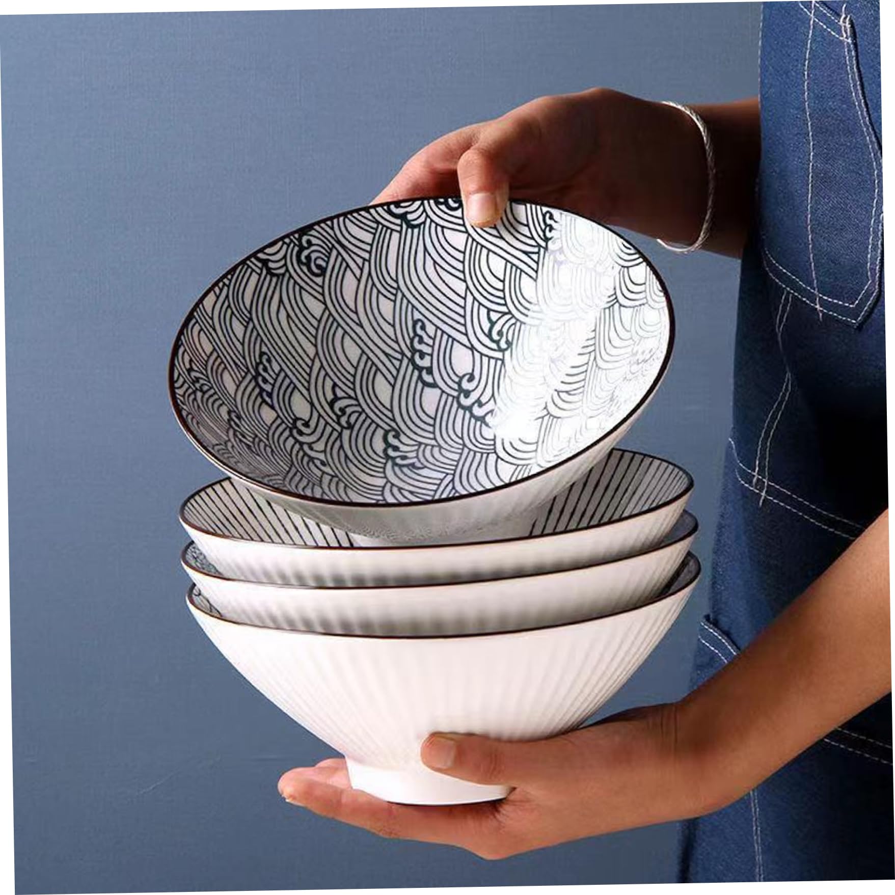 Bols à ramen japonais, lot de 4 bols en céramique de 20 cm, grands polyvalents pour nouilles ramen, rétro japonais pour céréales, soupes et nouilles