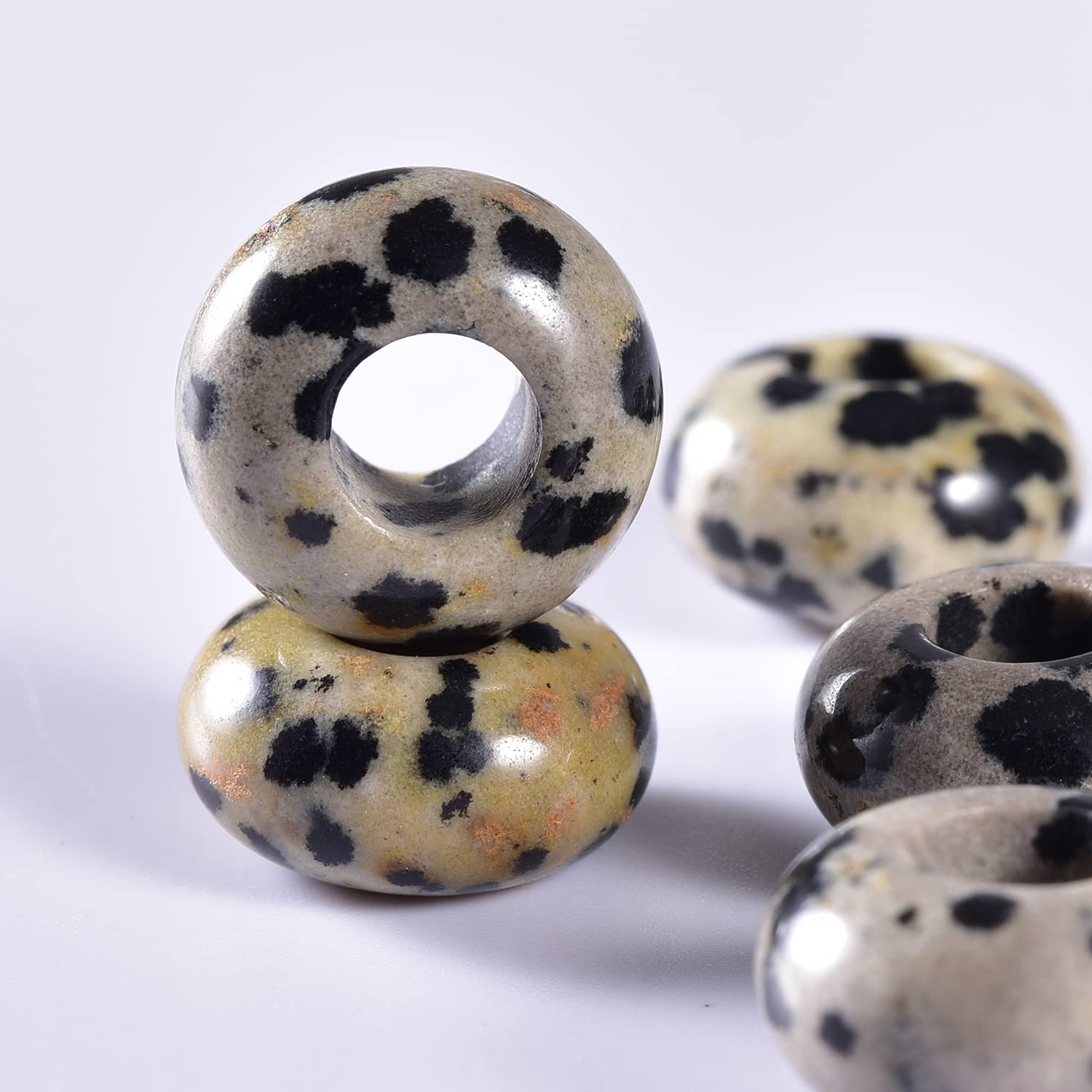Asingeloo Natural Dalmatian Stone Beads Large Hole (5-6mm) Polished Rondelle European Beads for Charm Bracelets,Jewelry Making, 8X14mm,Pack of 25