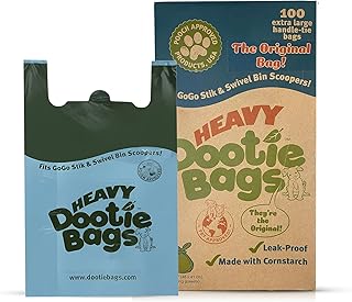 HEAVY Dootie Bags with EZ Tie Handles. Clean and Convenient for Pet Dog Poop, Cat Litter. Multi-Use. Great for Swivel Bin and Gogo Stik Scoopers. Made with Cornstarch. Strong, Leakproof and Very Large