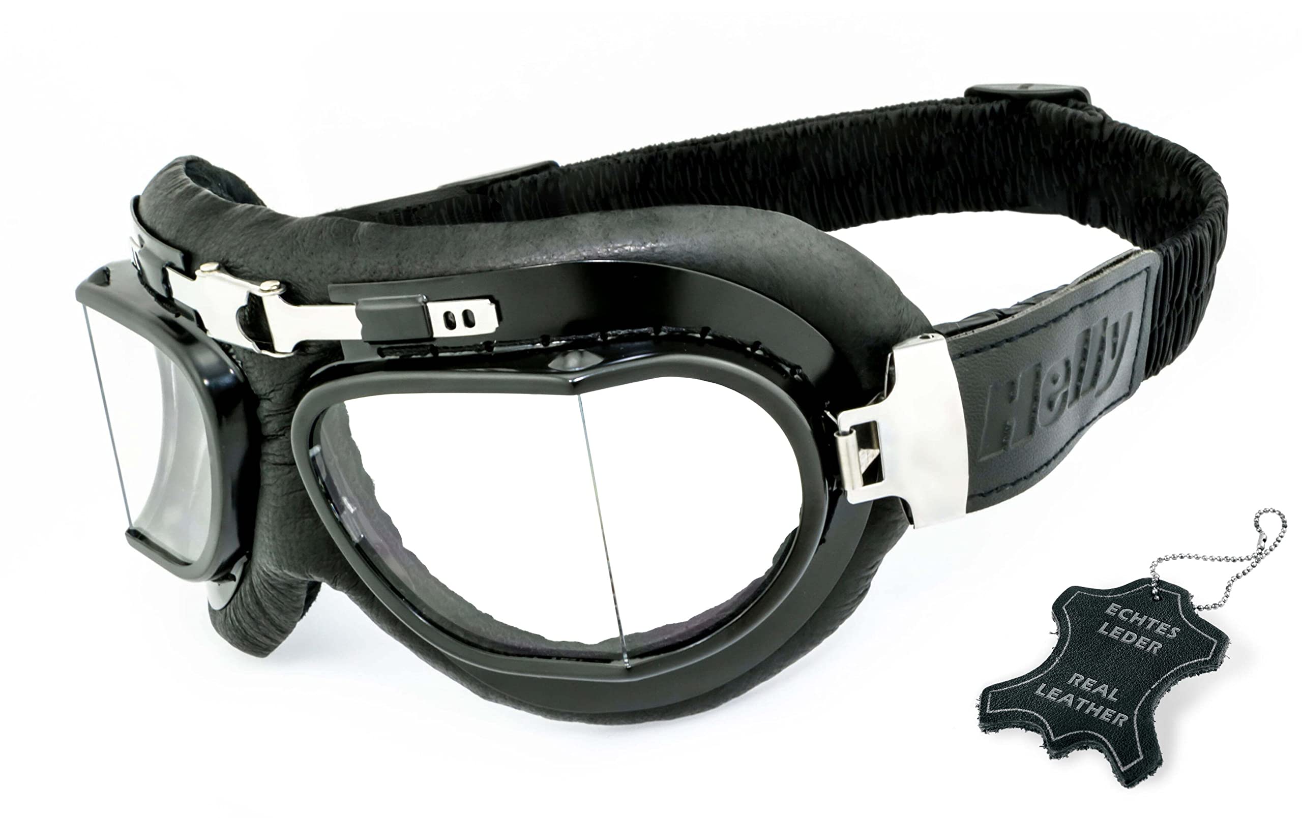 Helly - No.1 Bikereyes: occhiali da motociclista, in vera pelle, antivento, stile retrò, lenti di qualità HLT