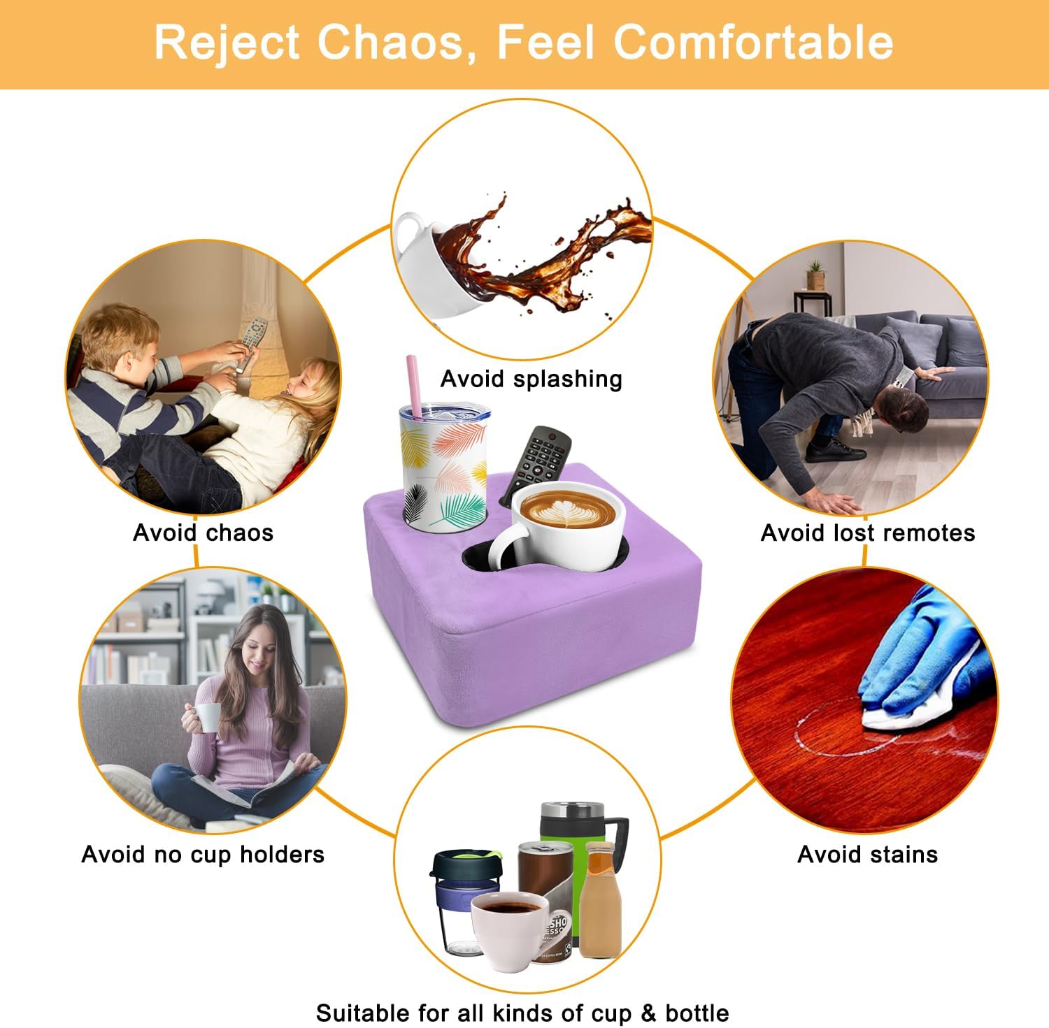 Couch Cup Holder Pillow Tray & Caddy - for Sofa, Bed, Car, Man Cave | Keep Drinks at Hand & Spill-Proof Accessories for New Parents, Camping, Park, Boat, Beach -Taro Purple image 4