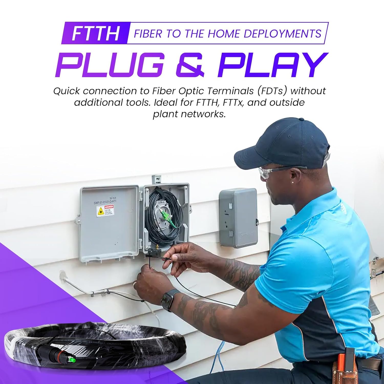 ETS OptiTap Pre-Terminated Fiber Optic Cable – 100 ft, OptiTap to OptiTap, Plug-and-Play, IP68 Weatherproof, Quick Installation for FTTH/FTTx Networks, Corning Compatible