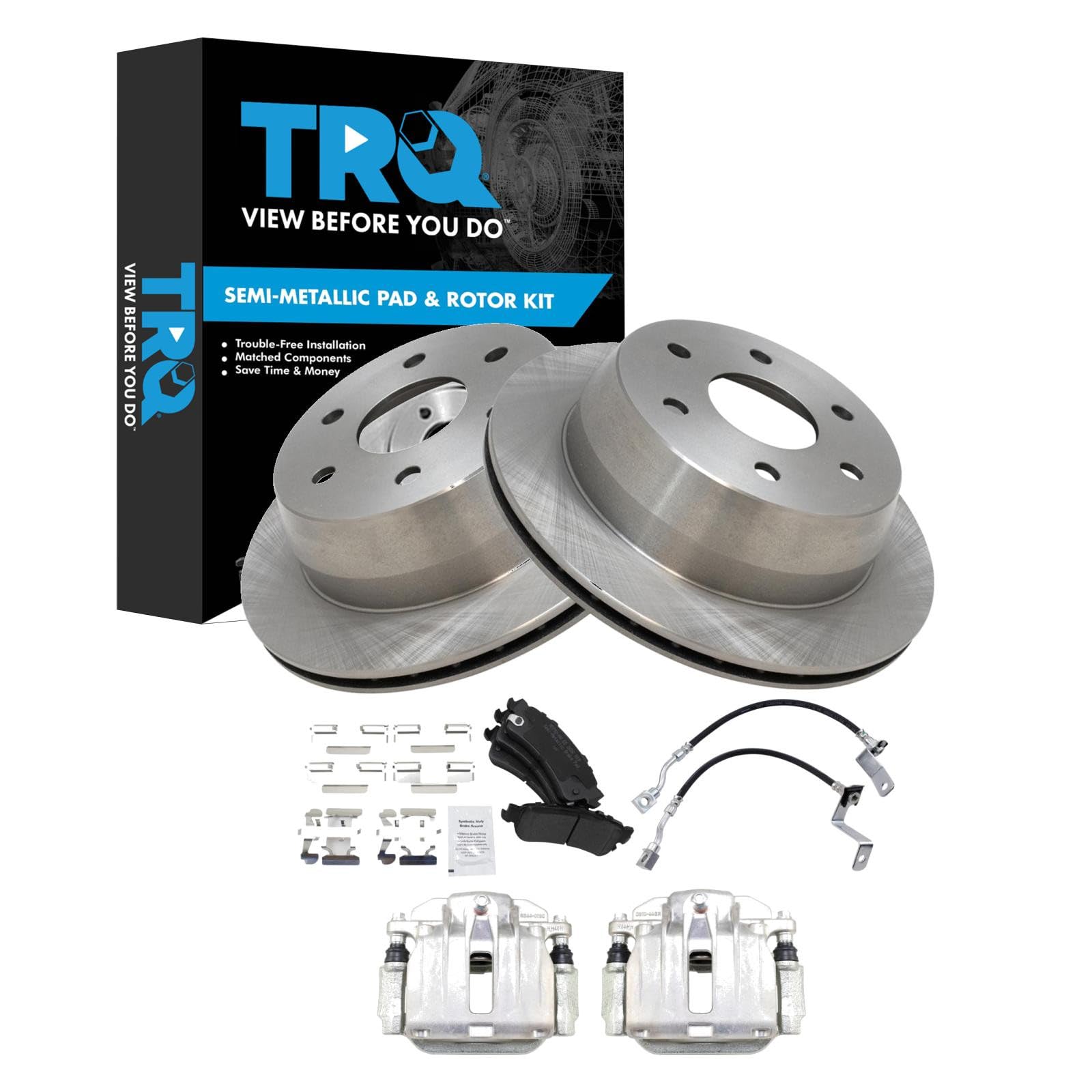 TRQ Rear Brake Pad and Rotor Set Semi Metallic Calipers Compatible with 2001 Chevrolet Silverado 1500 Sierra 1500