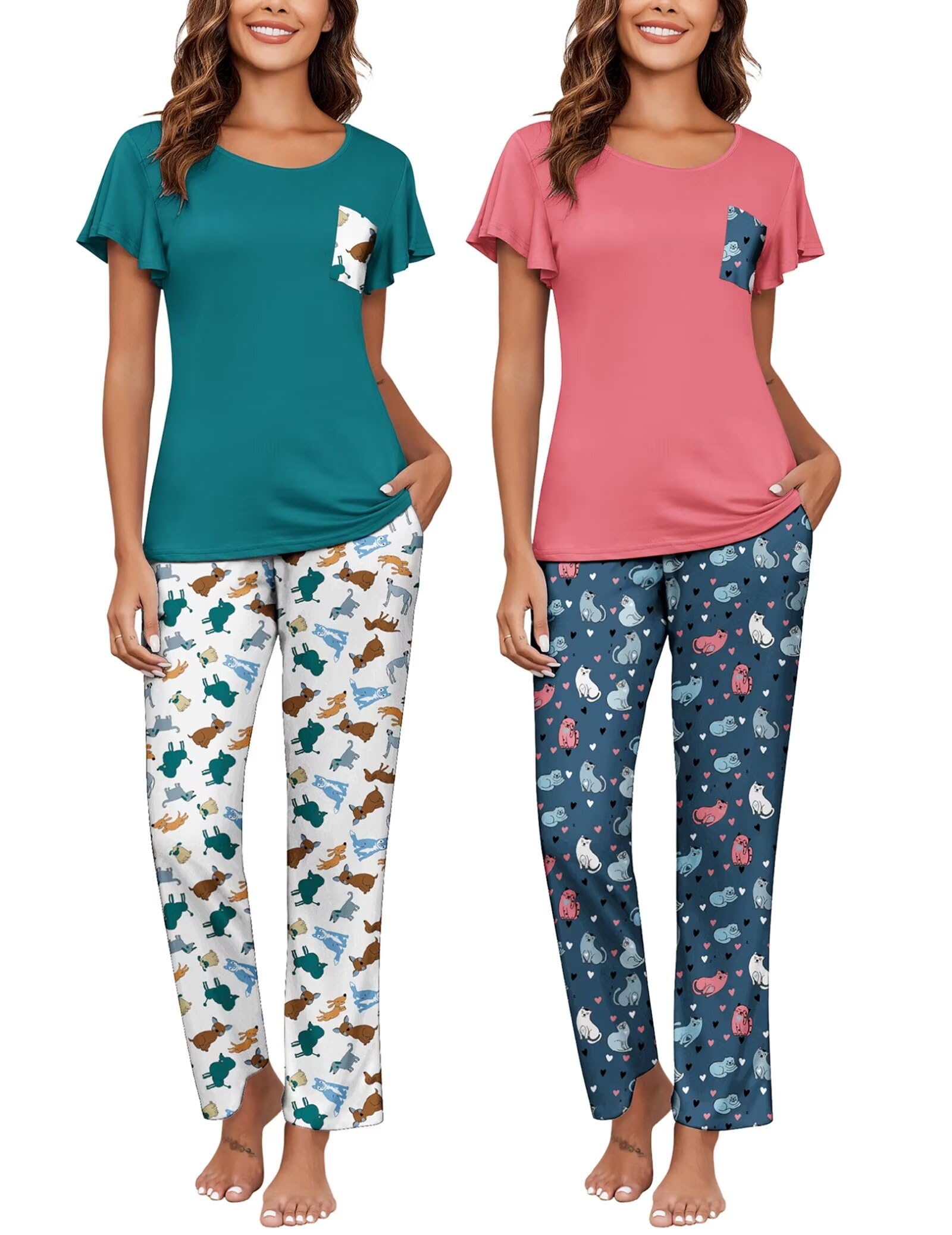 Ekouaer Pajamas for Women Set 2 Piece Comfy Loungewear, Lightweight Pjs Sleepwear, Short Sleeve Top &amp; Long Pants with Pockets
