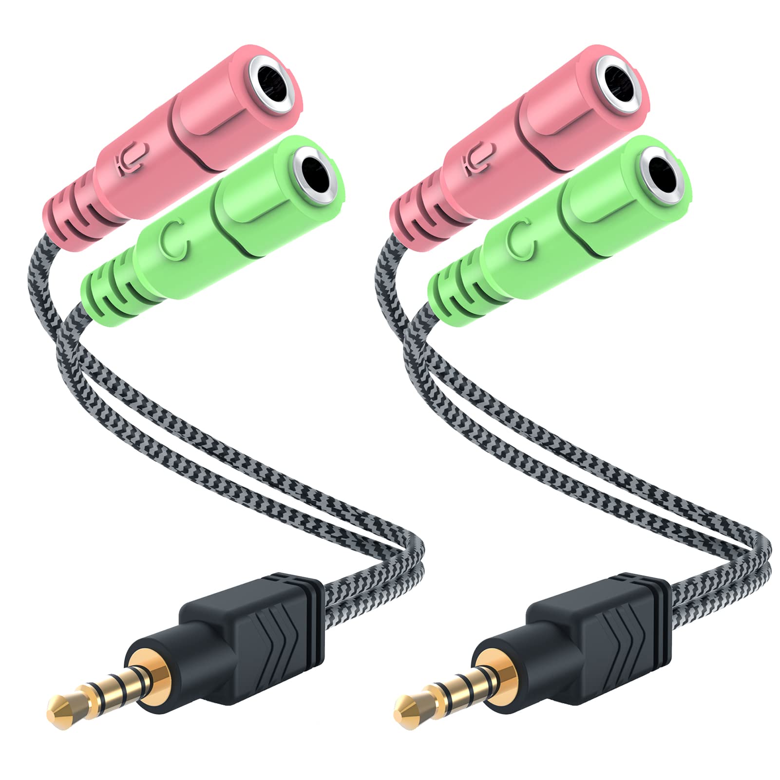 MillSO Headphone Mic Splitter [2 Pack] 3.5mm Headset Adapter 2 TRS Female to TRRS Male CTIA Stereo Audio Mic Jack Y Splitter for Dual-Plug Gaming Headset to Xbox, PS4, Phone, Laptop, PC