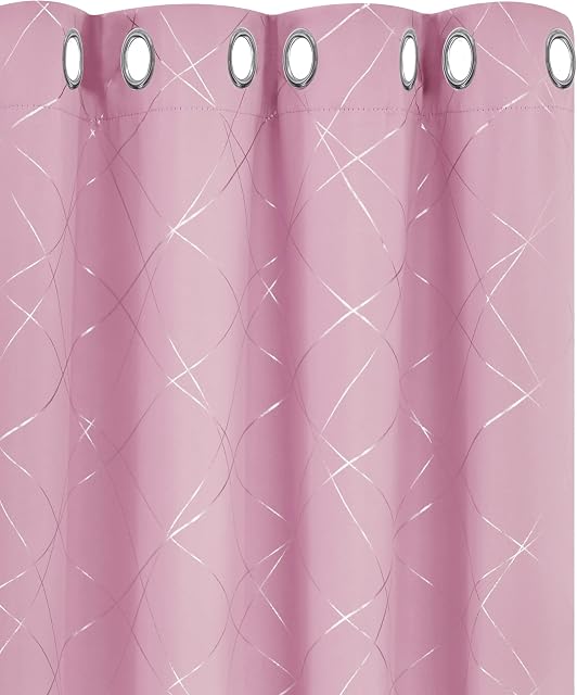 Amazon Brand - Umi Foil Printed Line Blackout Curtains Thermal Insulated Window Eyelet Girls Curtains Bedroom Curtains for Living Room 66 x 54 Inch Pink 2 Panels