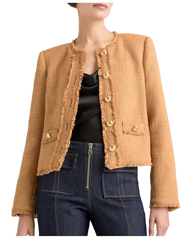Womens Fall Tweed Blazer Jackets Elegant Button Down Fringed Tassel Cropped Jacket Coat Tops