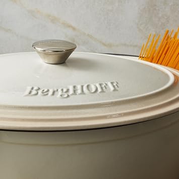Berghoff Neo Enameled Cast Iron Oval Dutch Oven with Lid, 5 Quart | Induction Safe Cooking Pot for Stovetop to Oven, Easy Clean No Preseasoning, Self Basting Vapor Seal, Meringue Cookware Pot