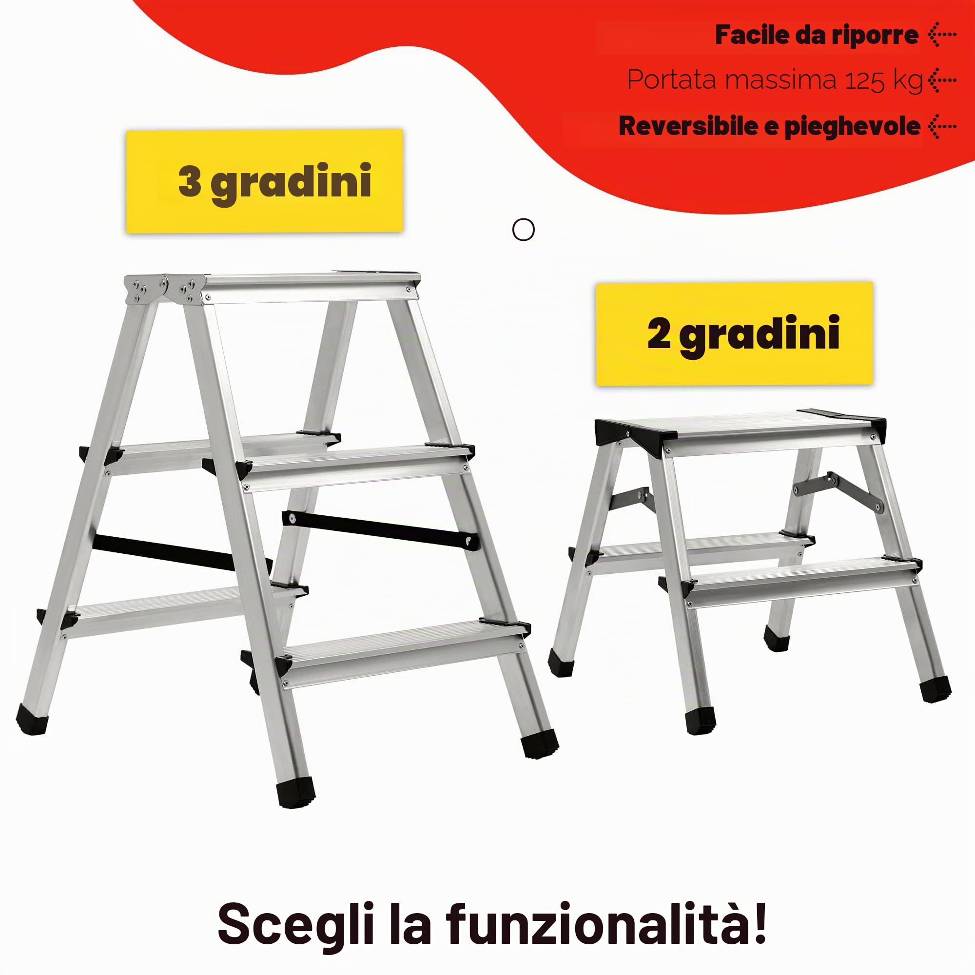 KADAX Scaletta Pieghevole in Alluminio, Scala Doppia a Pioli con Piattaforma Antiscivolo, Gradini Larghi e Struttura Leggera, Fino a 125 kg (3 Gradini)