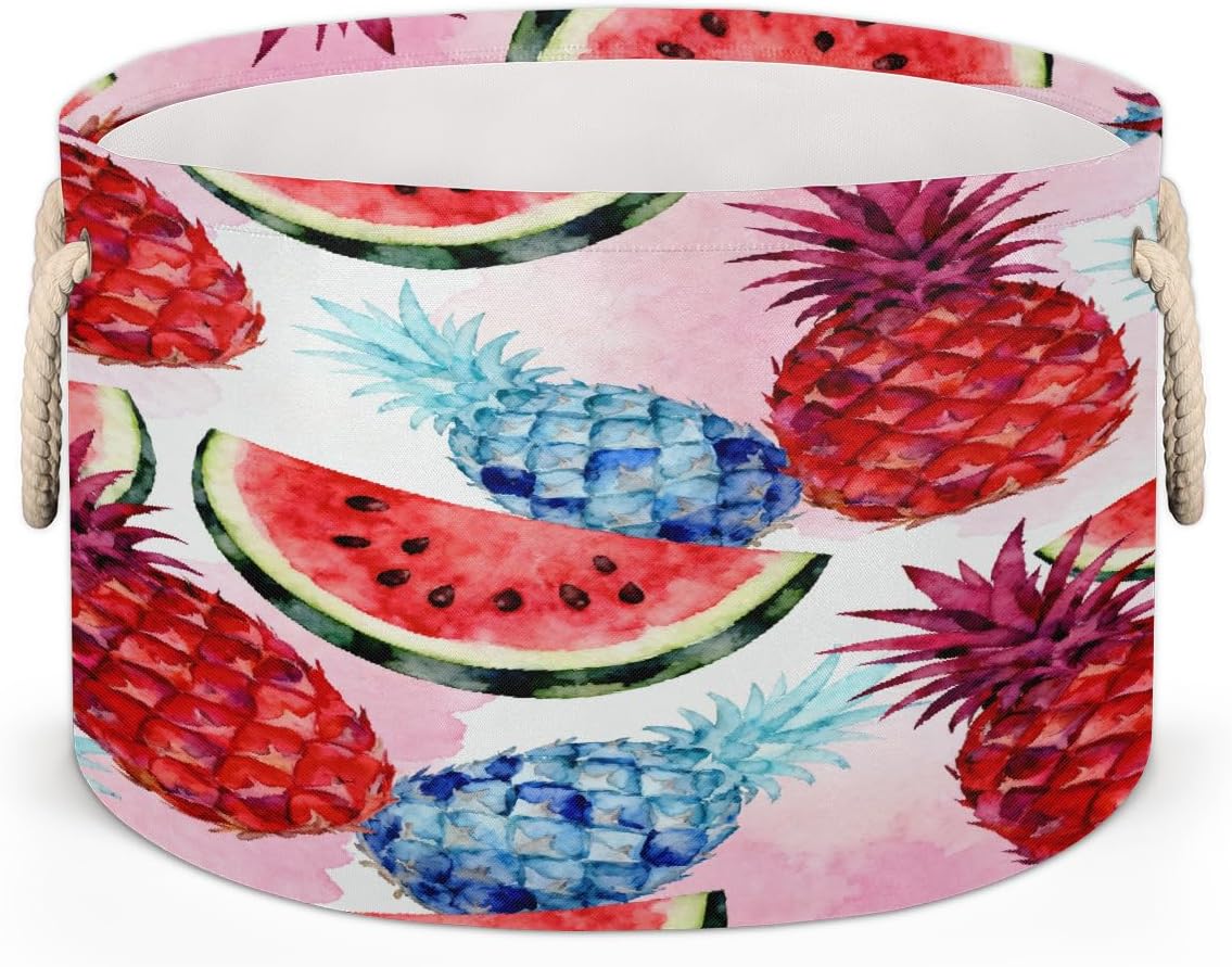 Large Storage Baskets - Pineapples Watermelon Nursery Round Collapsible Organizer Bin Box, Laundry Hamper for Kids Toys, Blanket, Bedroom Living Room Home Decor, Gift Basket, 19.4"x13.3"
