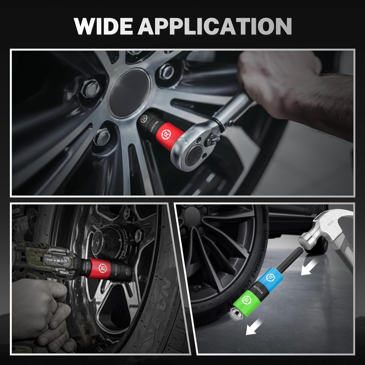 BILITOOLS Lug Nut Socket Set, 1/2 inch Drive Non-Marring Impact Flip Socket Set Metric 17-19 - 21-22 mm & SAE 3/4-13/16-7/8-15/16 inch, Thin Wall Wheel Protector Nut Socket