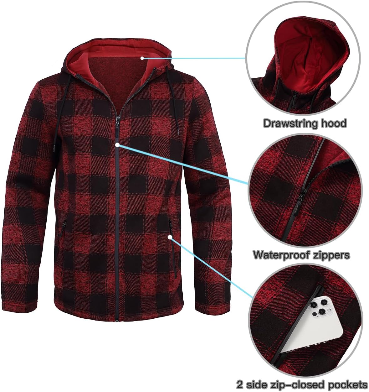 Men's Fleece Jacket Plaid Hoodies Sherpa Zip Up Winter Work Warm Sweatshirts - Image 5