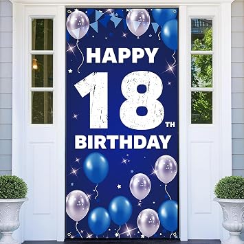 Happy 18th Birthday Decorations Blue & Silver Fabric Backdrop Banner for Men & Women, Boys & Girls Large 18 Birthday Yard Sign, Photo Booth & Wall Decor Indoor Outdoor Party Supplies