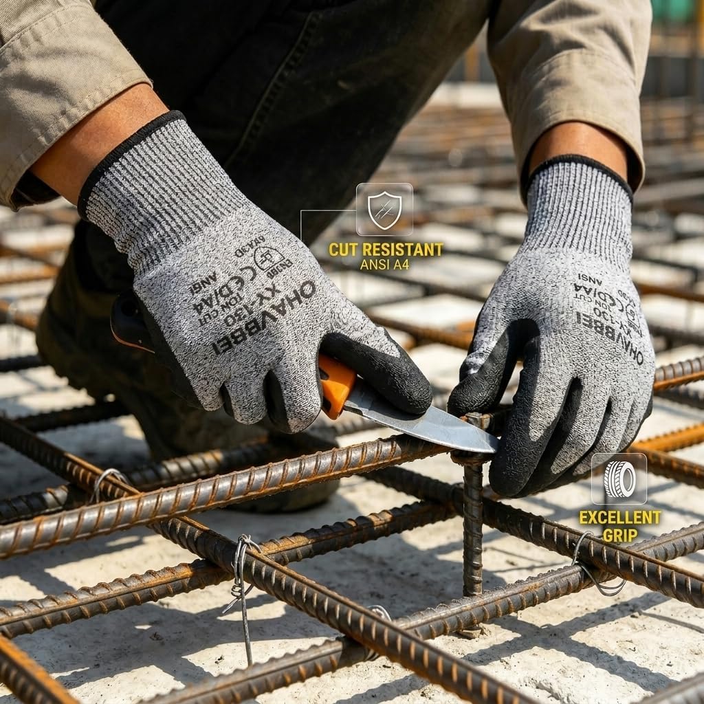 A4 Cut Resistant Gloves, 5/12 pairs Work Gloves with Anti-Slip Grip, Breathable Safety Mittens for Construction