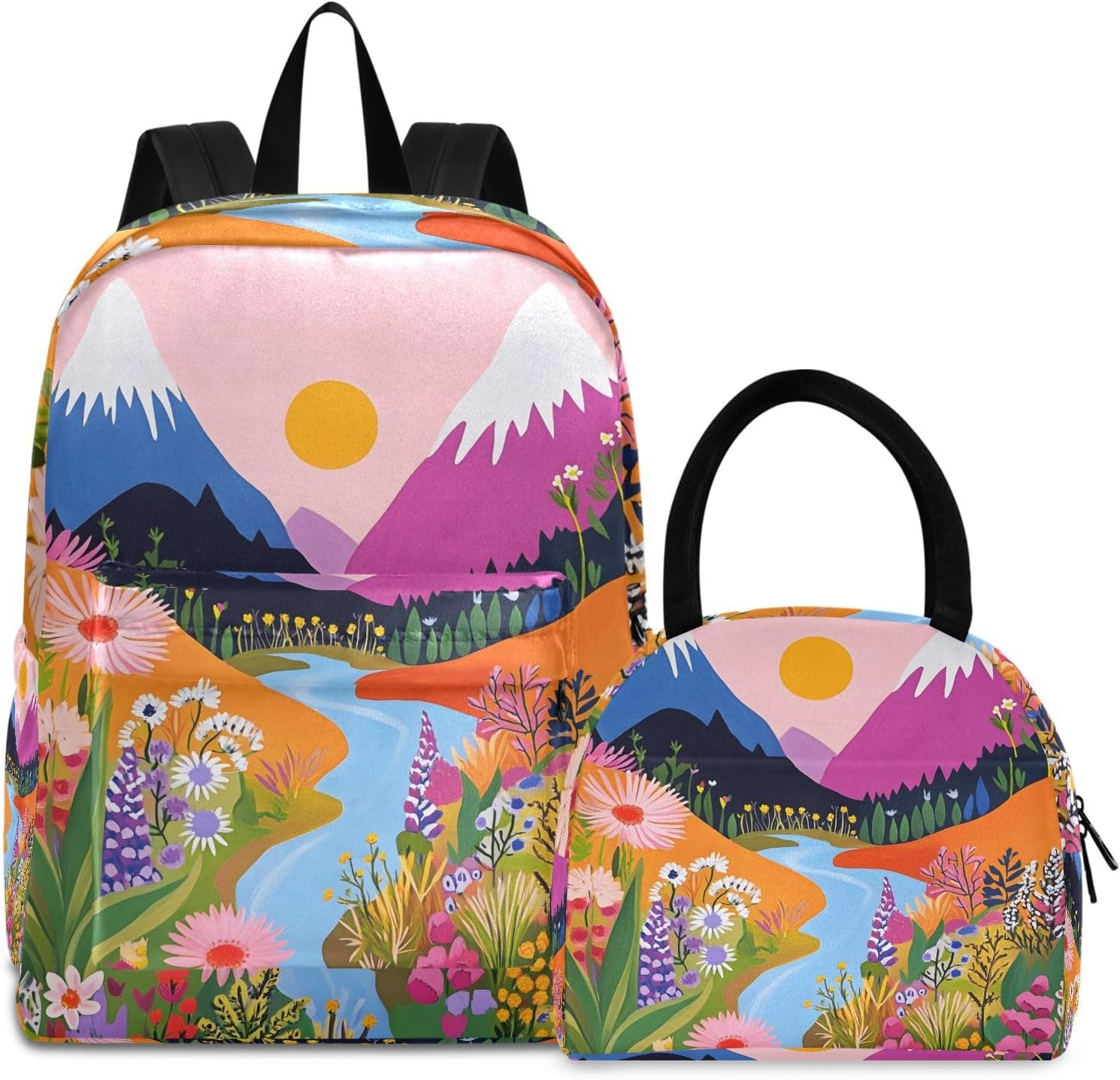 Beautiful Mountains River Kids Backpack Set with Lunch Bag for Girls Boys School Kids Lightweight Daypack Bookbag and Lunchbox Bag Set