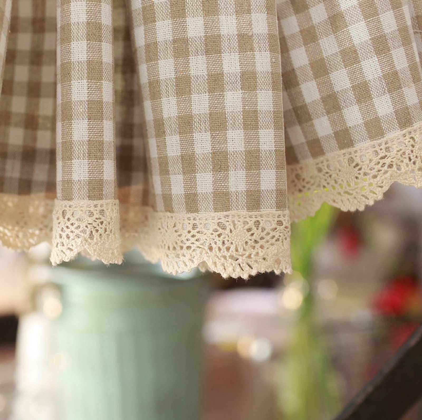 A.Monamour Tenda Corta per Finestra Piccola Cotone Lino Opaco A Quadri Scacchi Kaki Check Con Pizzo Tendina Cucina Bistrot Caffè Mezza Tenda Mantovana Tenda a Vetro Tenda a Pannello Tenda Porta