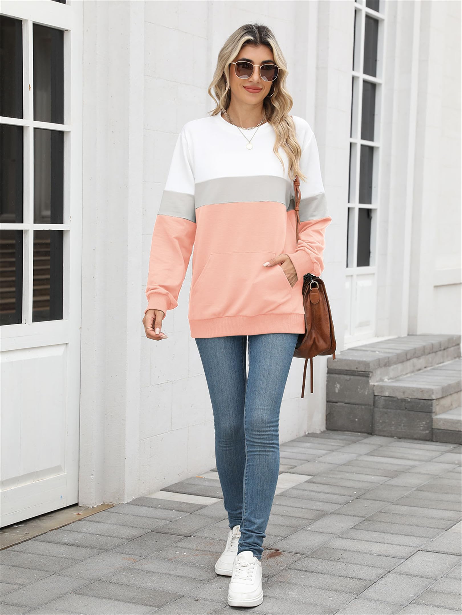 Bluza damska z długim rękawem, basic, okrągły dekolt, bez kaptura, bawełna, casualowa, z kieszeniami, luźna, oversize, jednokolorowa, na jesień, zimę, sport, streetwear, S-XXL