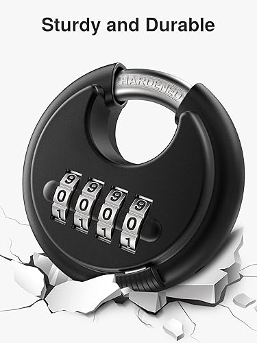 Miniatura 6 de Puroma Cerradura de combinación, candado de disco de 4 dígitos con grillete de acero endurecido, cerradura combinada resistente sin llave para valla