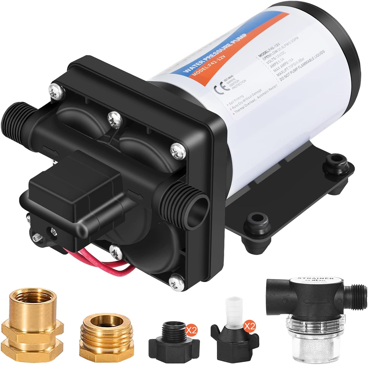 YOUNGTREE RV Fresh Water Pressure Pump 12V 5.5GPM 70PSI, On Demand Self