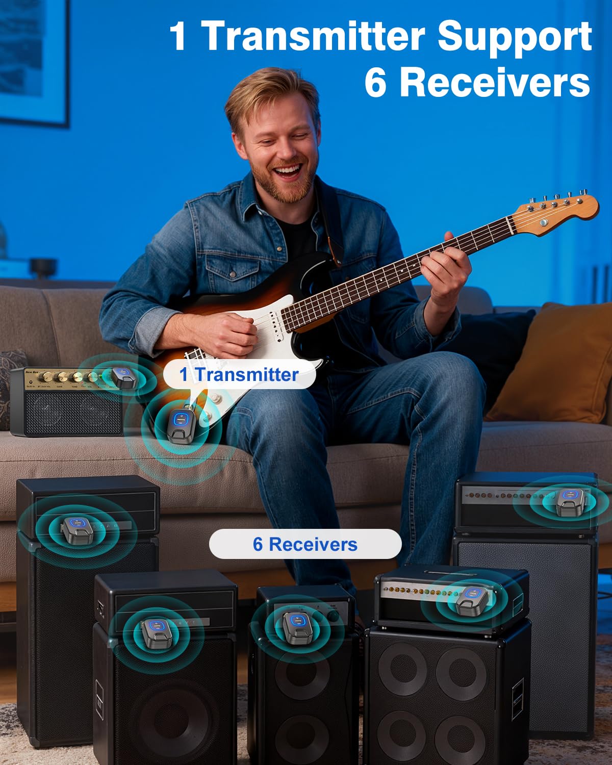 New Bee Sistema di chitarra wireless 5.8G con scatola di ricarica, suono ad alta fedeltà, ricevitore trasmettitore audio a 6 canali per chitarra elettrica, basso