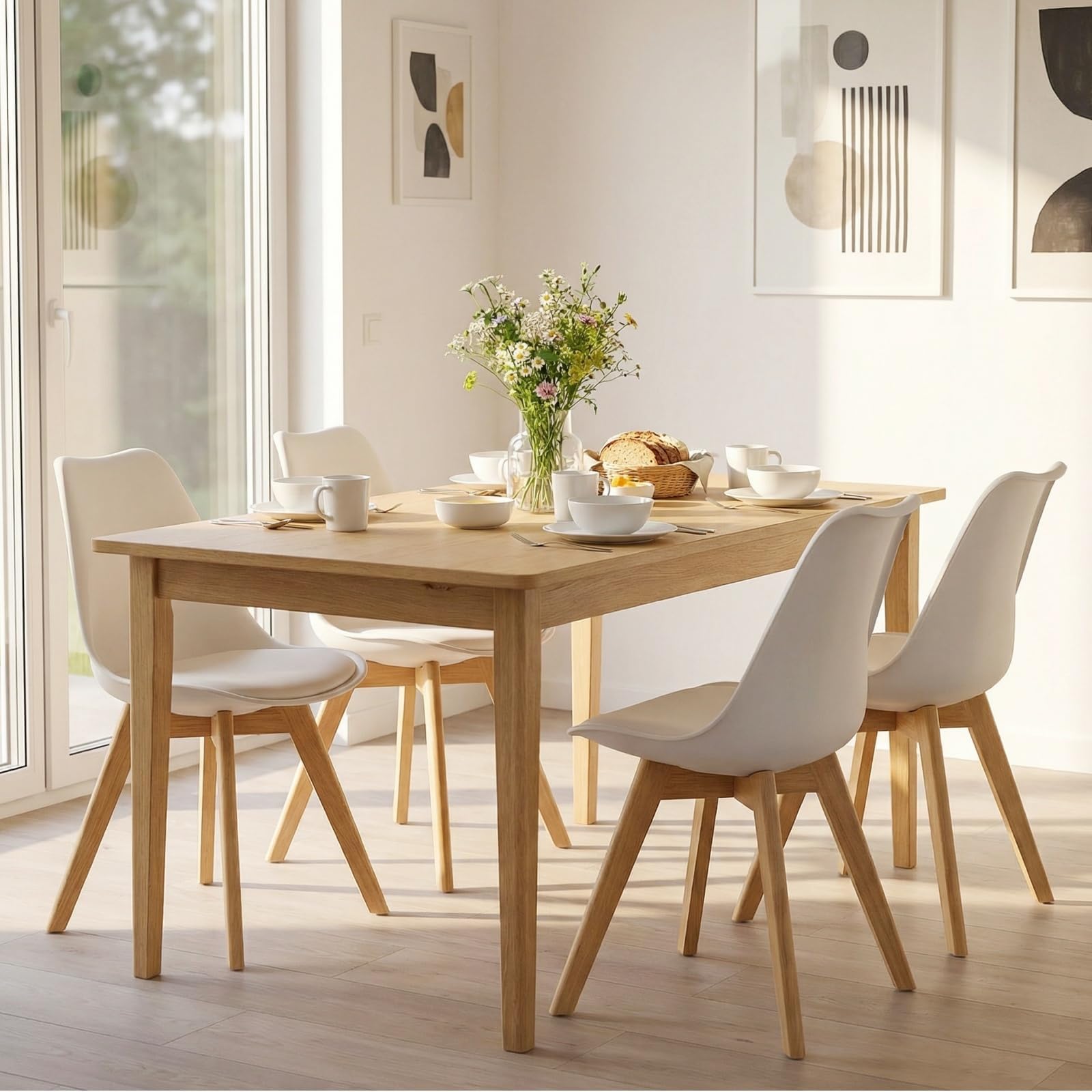 Sillas de Comedor, Pack 4 Sillas Comedor Nórdico, Sillas Cocina con Asiento Tapizado y Las Piernas de Madera de Haya Maciza, Blanco