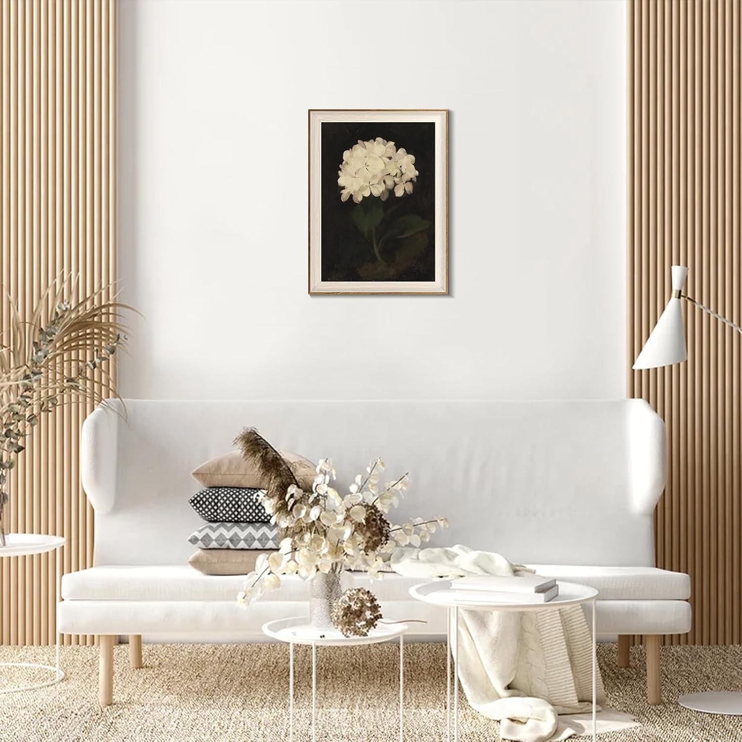 Framed Flower Wall Art, Vintage White Hydrangea Still Life Floral Art Prints, Moody Vintage Canvas Oil Painting, Antique Botanical Floral Wall Decor Pictures for Bedroom, Kitchen, Shelf, Bathroom Wall Decor - 12x16Inch