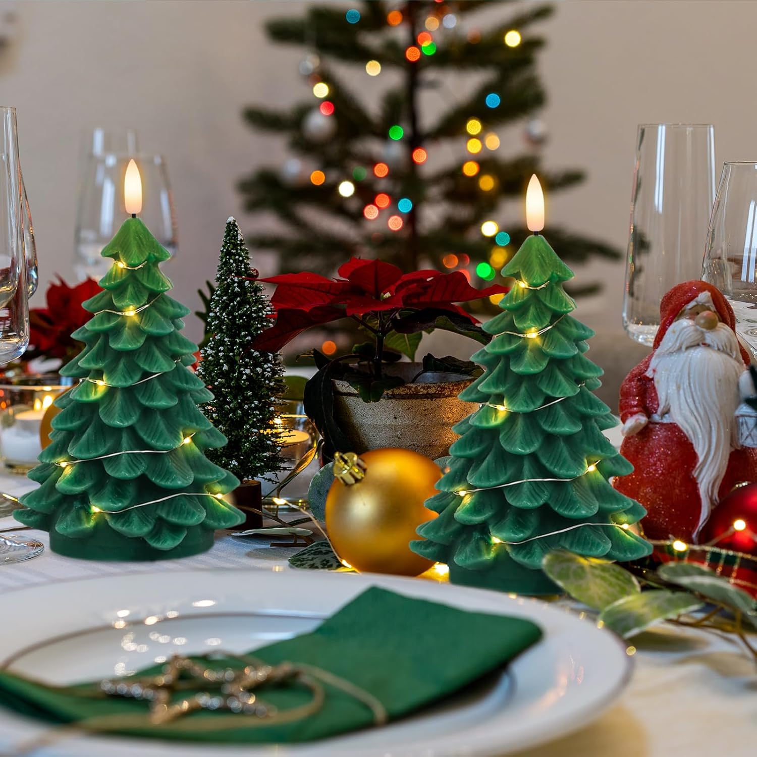 Christmas Tree Candles, 2 Pack Christmas Taper Candles with Remote Timer, Real Wax LED Flameless Taper Candlesticks Battery Operated with String Light for Christmas Decorations