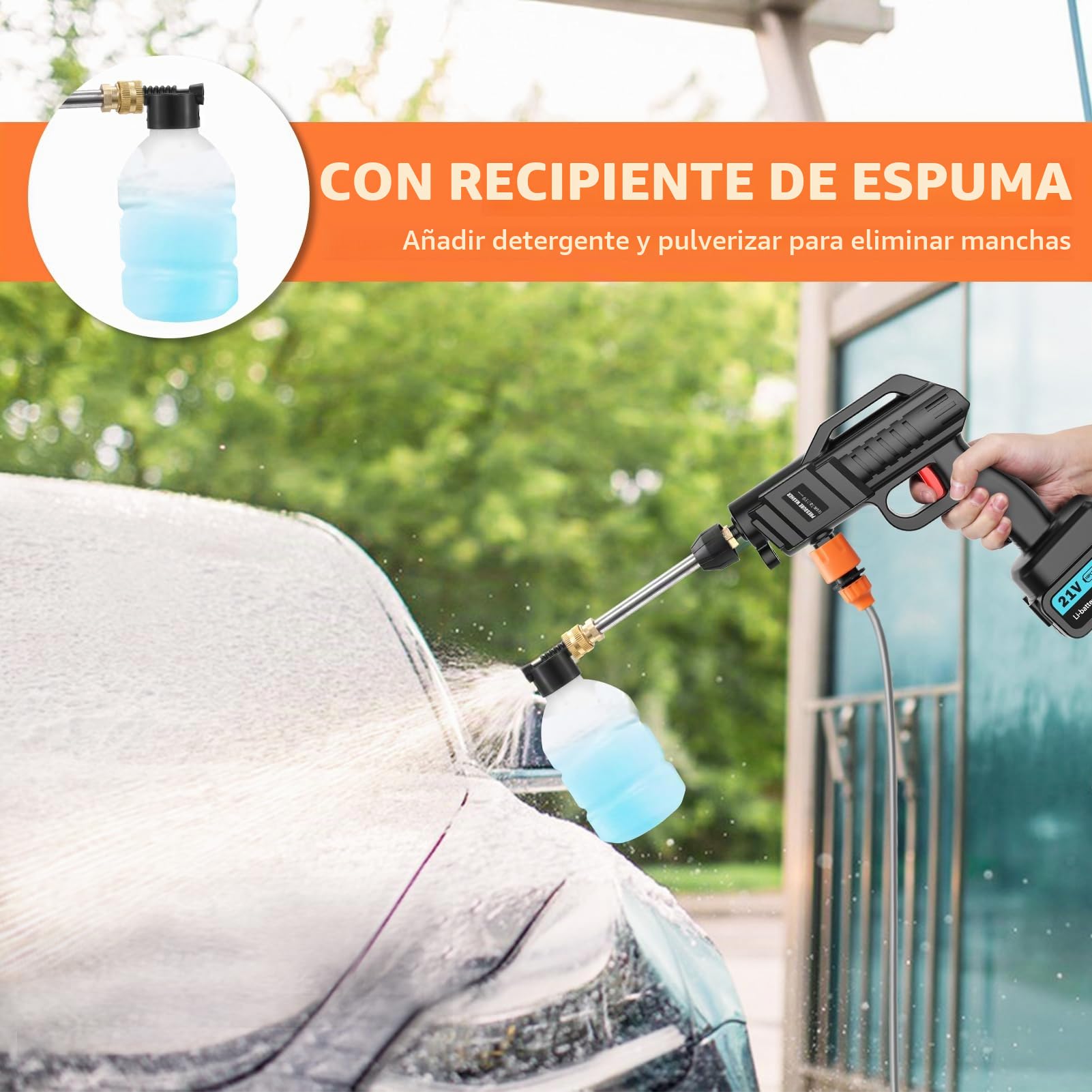 Hidrolimpiadora inalámbrica, hidrolimpiadora portátil inalámbrica de 21V 62Bar, hidrolimpiadora con 2 baterías, Boquilla multifunción 6 en 1, Manguera de 5 m, depósito con Filtro, para Coche y Patio