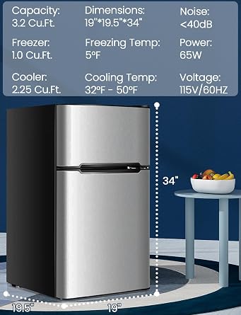 Nafort Mini Fridge with Freezer, 3.2Cu.ft 2-Door Compact Refrigerator with Reversible Door, Removable Glass Basket/Shelves & Recessed Handle for Home, Bedroom, Office, Dorm, Garage (Grey)