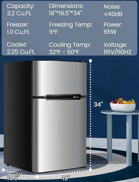 Nafort Mini Fridge with Freezer, 3.2Cu.ft 2-Door Compact Refrigerator with Reversible Door, Removable Glass Basket/Shelves & Recessed Handle for Home, Bedroom, Office, Dorm, Garage (Grey)