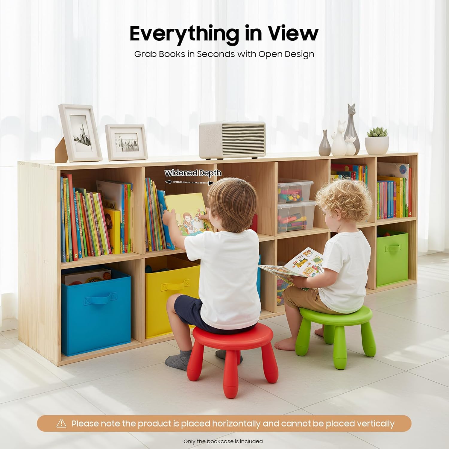 12-Cube Bookcase, 2-Tier Solid Wood Cube Storage Organizer, 70.9" L x 11.8" W x 23.6" H in Floor Standing Open Bookshelf, Natural TV Stand up to 75 Inchs for Home and Office (Natural Wood, 12-Cube)