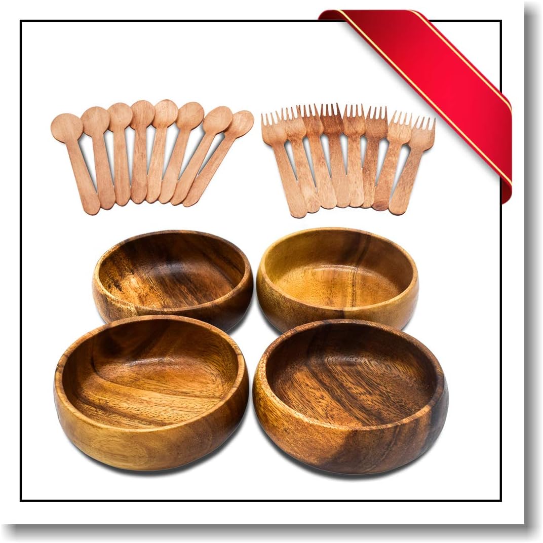Innovatronix 4 Pieces Handmade 4 Inches Wooden Acacia Calabash Bowl - Set of 4 Wood Calabash Bowls - FREE 8 Pairs Of Wood Disposable Spoons And Forks | 4x1 Inches