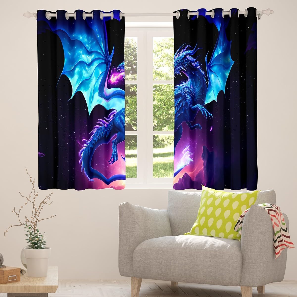 Feelyou Blue Dragon Darkening Drapes Bedroom Flying Dragon Blackout Curtains Kids Magical Window Curtains Purple Window Treatments (2 Panels, 38 x 45 Inch)
