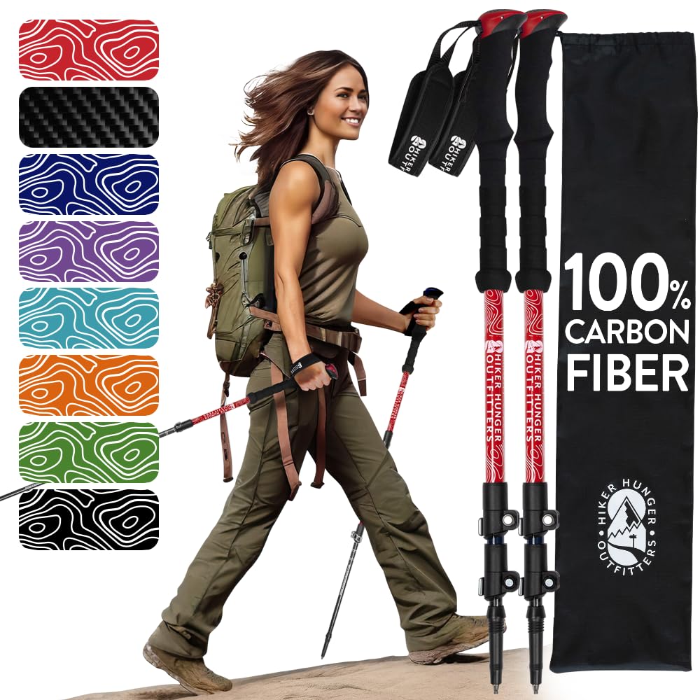 Hiker Hunger Carbon Fiber Hiking Poles Collapsible Lightweight for Women | Walking Sticks for Hiking | Trekking Poles for Hiking | Nordic Walking Poles for Seniors, Men & Kids - Red EVA Foam