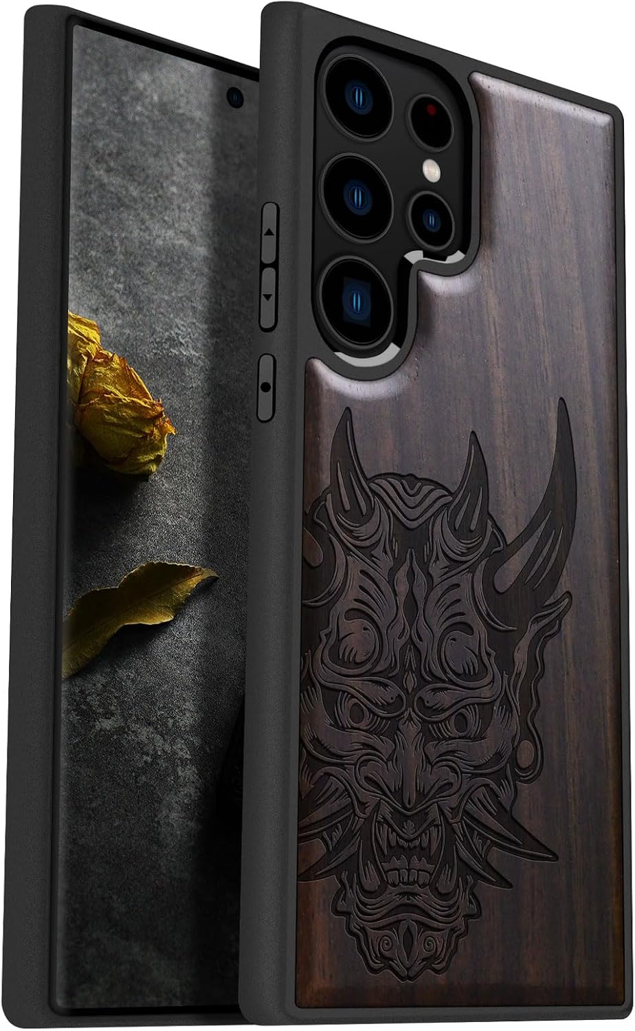 Carveit Wood Case for Galaxy S23 Ultra Case [Natural Wood & Black Soft TPU] Shockproof Protective Cover Unique Wooden Design Compatible with Samsung S23 Ultra (Japanese Oni Mask-Blackwood)