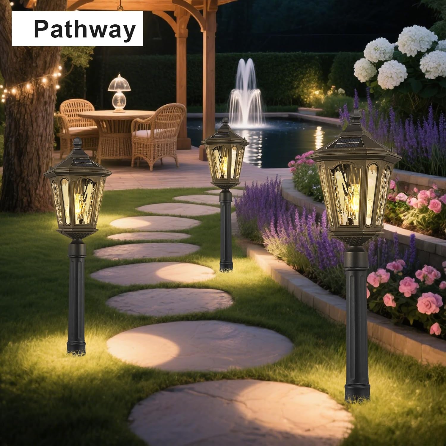 LED Solar Post Lights, Outdoor Waterproof Solar Pathway Lights Exterior Auto On/Off Garden Pole Stake Lighting Outside Dusk to Dawn Lamp for Lawn Path Walkway, Ground Plug, Remote Control